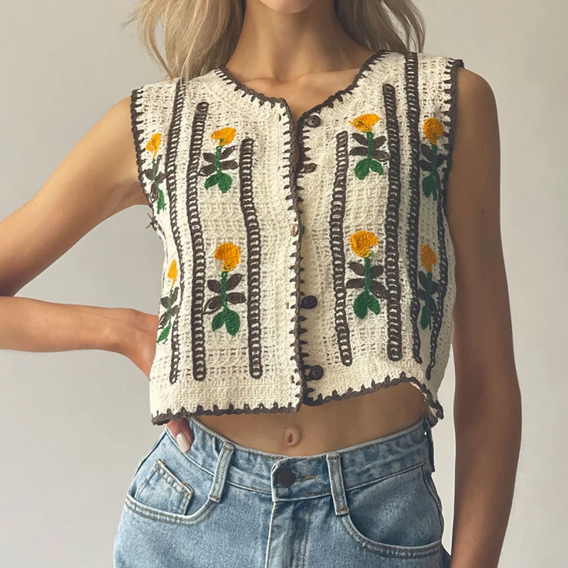 Sewing Vest - Floral Embroidered Crochet Sweater Vest for